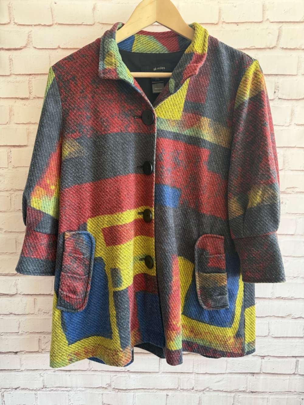 Ali Miles Multicolor Abstract Pea Coat in Gray, Red, Yellow, Blue‎